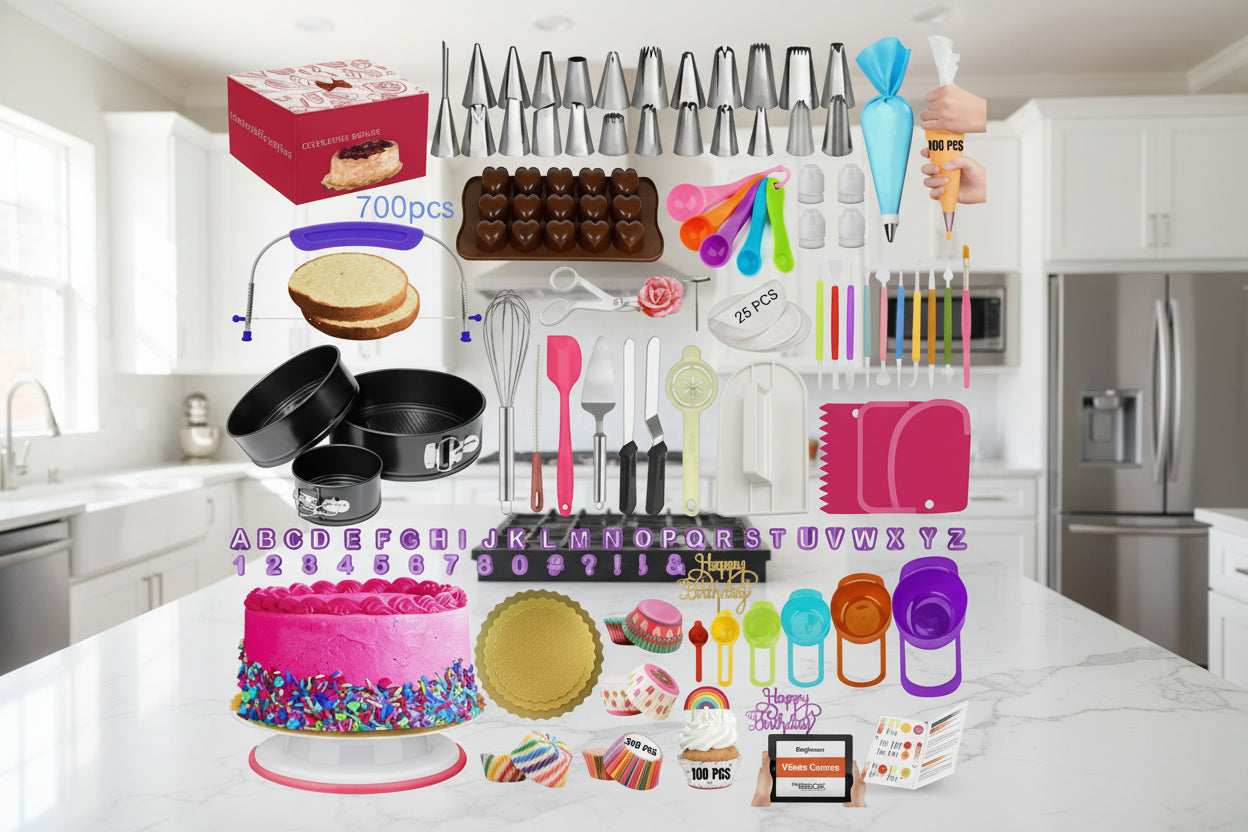 Assorted baking tools and accessories including cake pans, decorating tips, and tools on a white background.