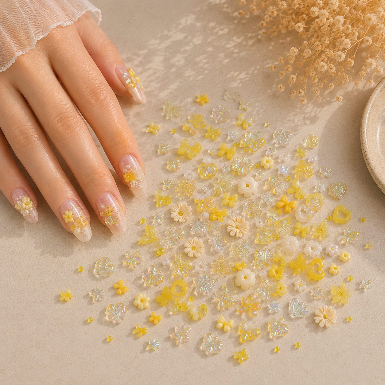 Yellow Floral & Crystal Nail Charms