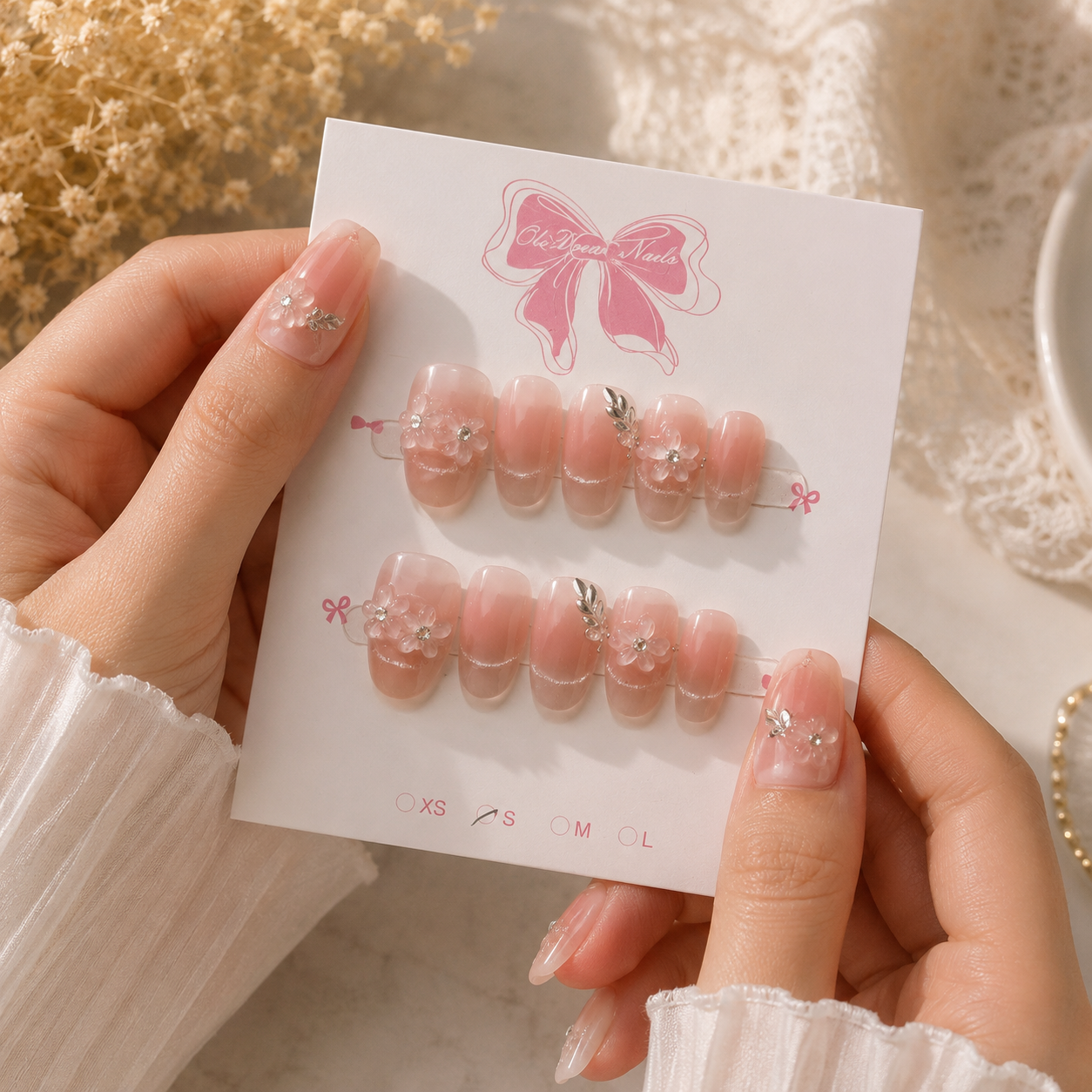 Soft Pink Floral Press-On Nails – Size Small