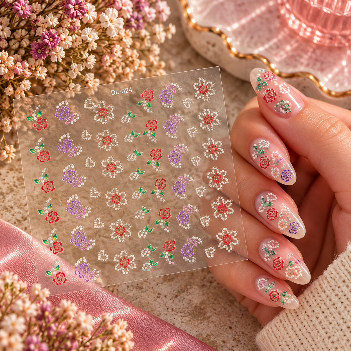 3D Nail Art Stickers – Colourful Roses & Hearts