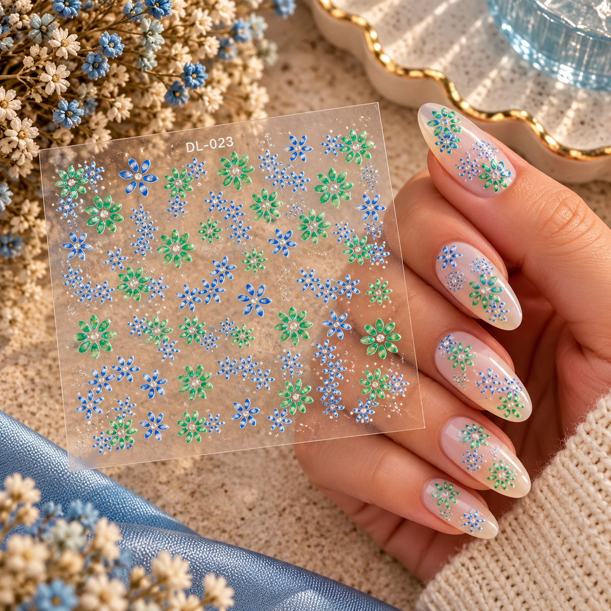3D Nail Art Stickers – Blue & Green Floral Designs