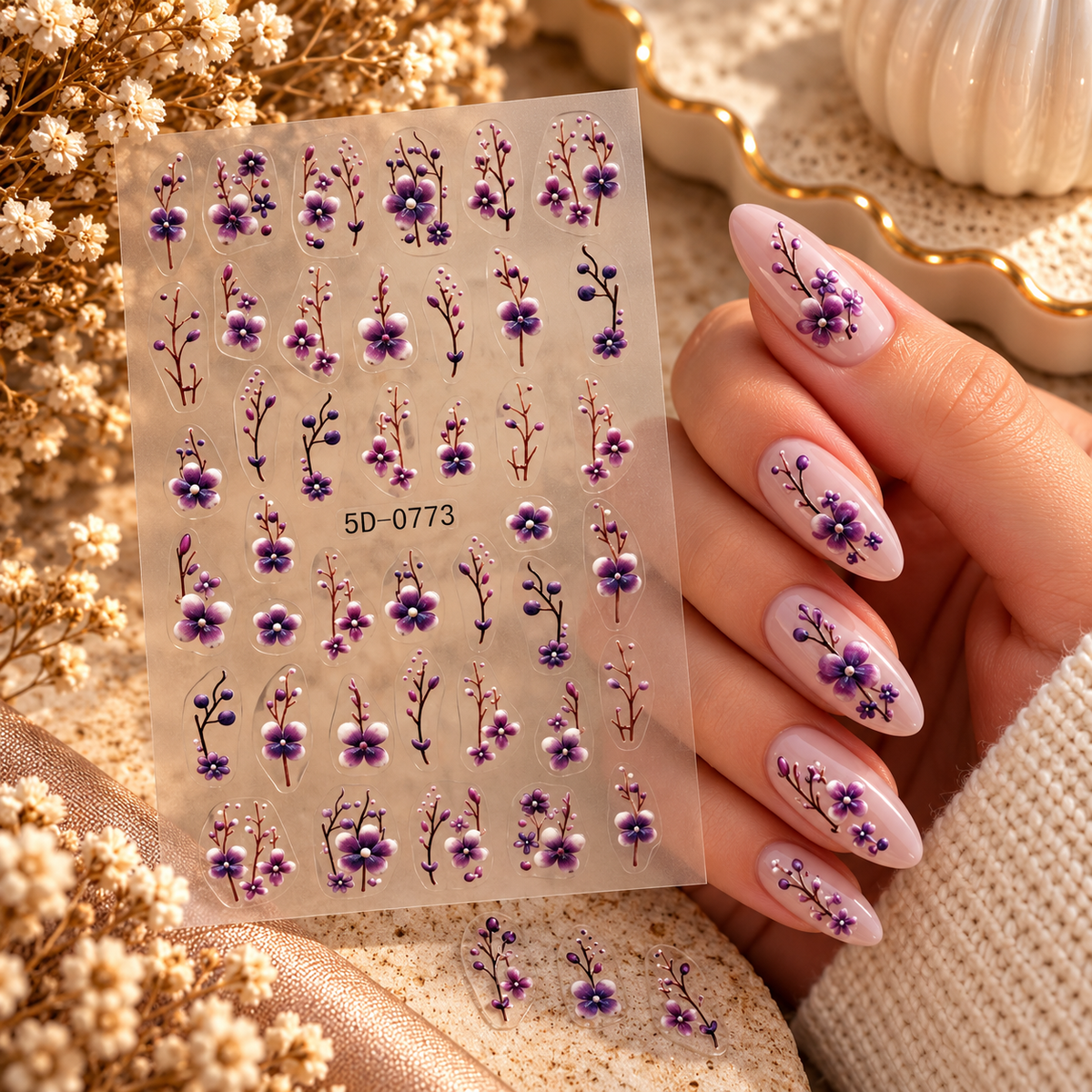 3D Nail Art Stickers – Purple Floral Branches & Blossom Designs