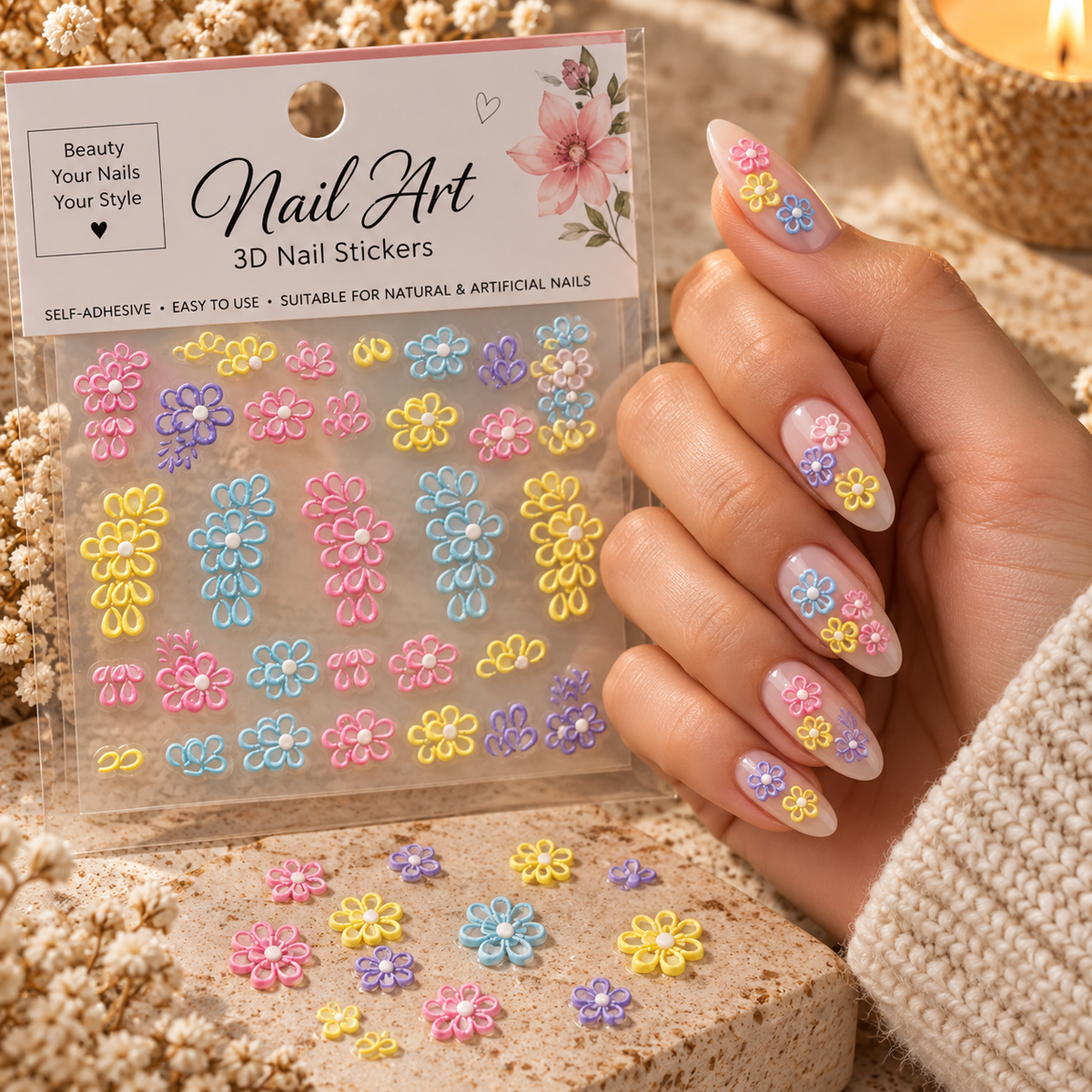 3D Floral Nail Stickers – Pastel Flowers