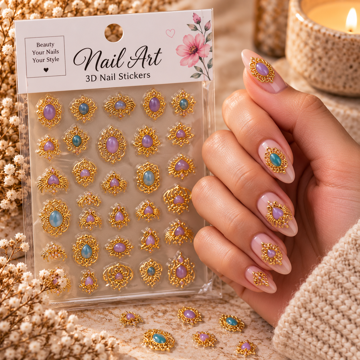 3D Gold & Gemstone Nail Stickers – Purple & Blue