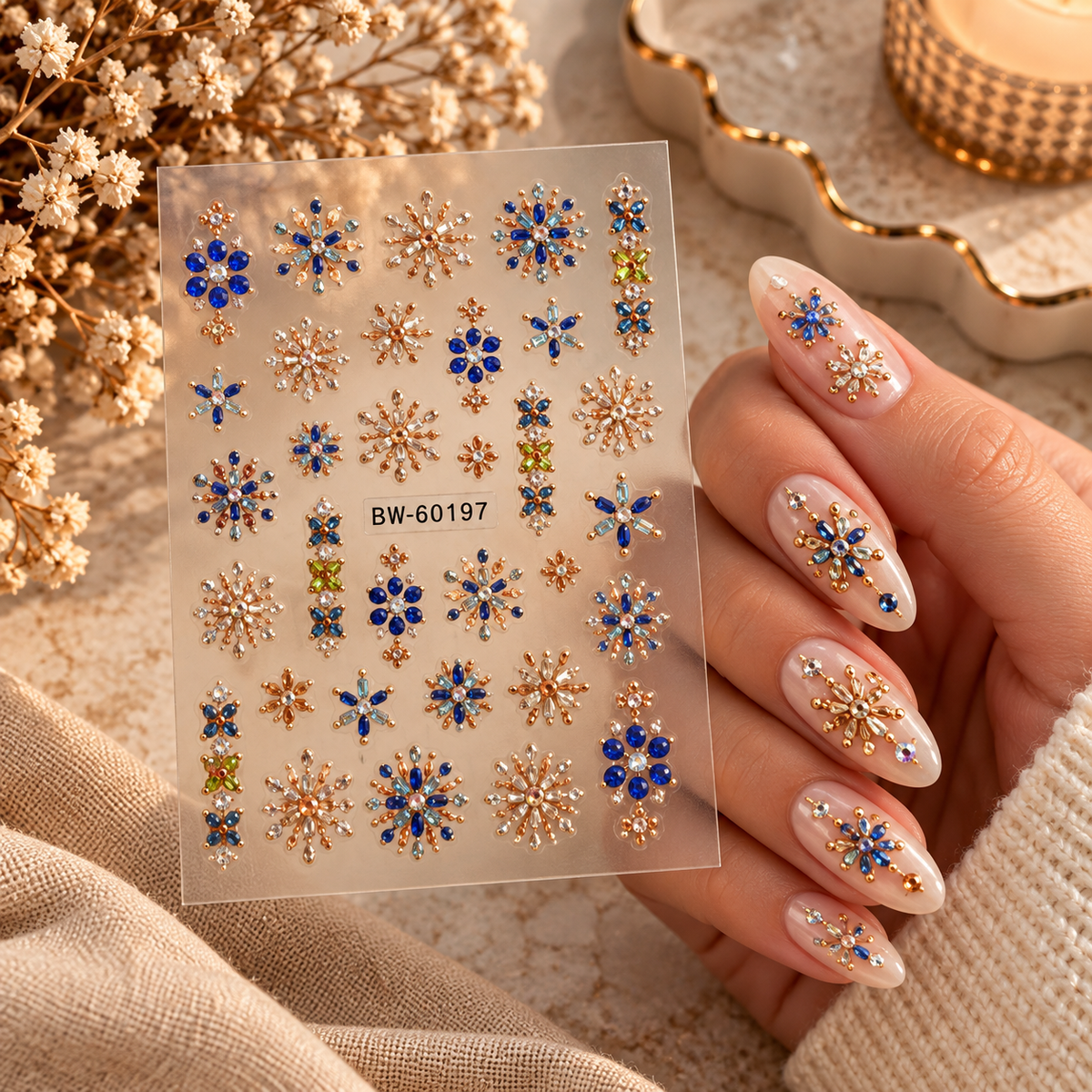 3D Nail Art Stickers – Blue & Gold Rhinestone Snowflake Designs