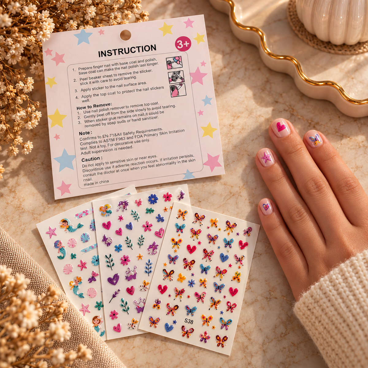 3D Nail Art Stickers – White & Pink Floral Branch Designs