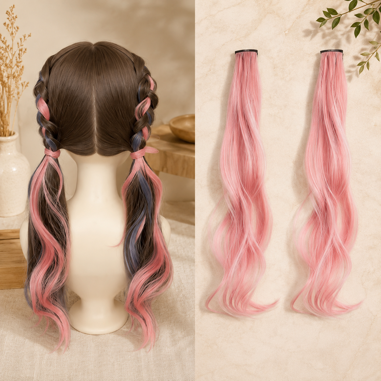 Pink Ombre Wavy Hair Extension Braiding Clips for Girls