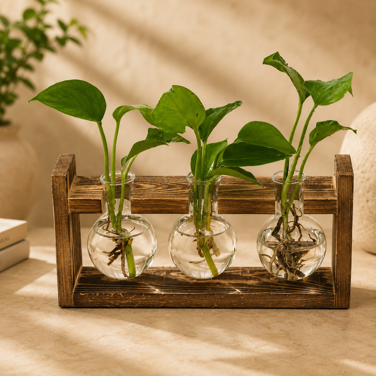 Wooden Hydroponic Glass Planter Stand