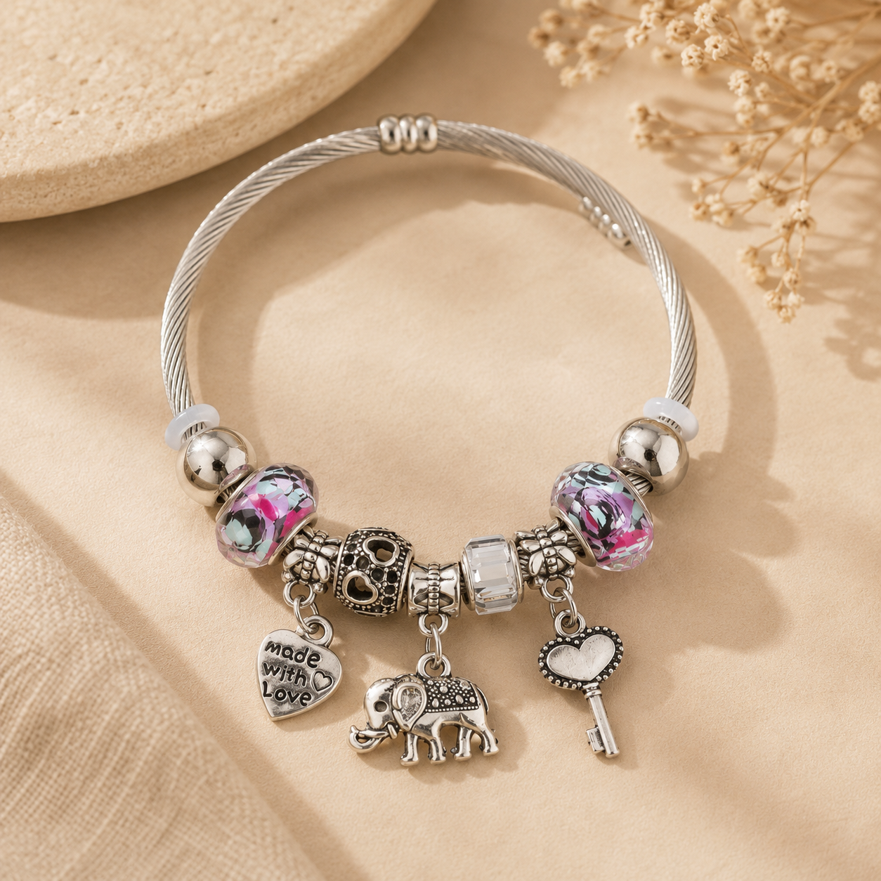 Silver Charm Bracelet with Crystal Beads