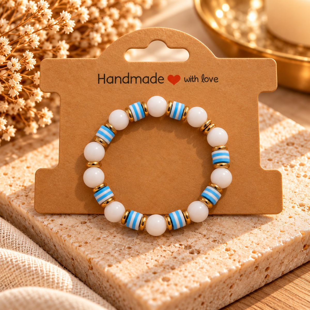 Handmade Kids Blue & White Beaded Bracelet – Gold Accents