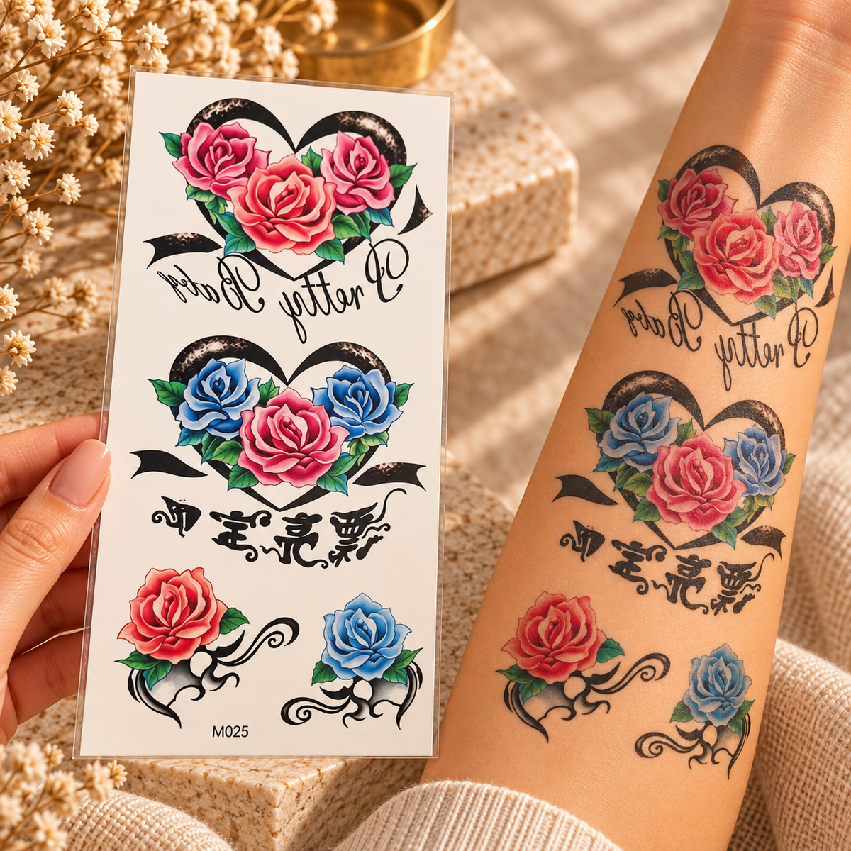 Rose and heart temporary tattoo sticker sheet in pink, red and blue beside tattoos applied to an arm