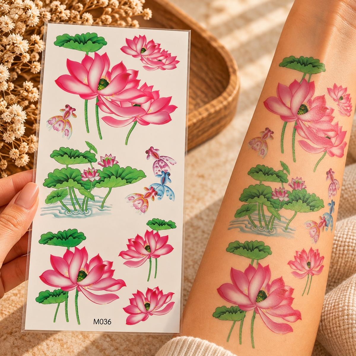 Pink lotus flower temporary tattoo stickers with green leaves shown on a sheet and applied to an arm