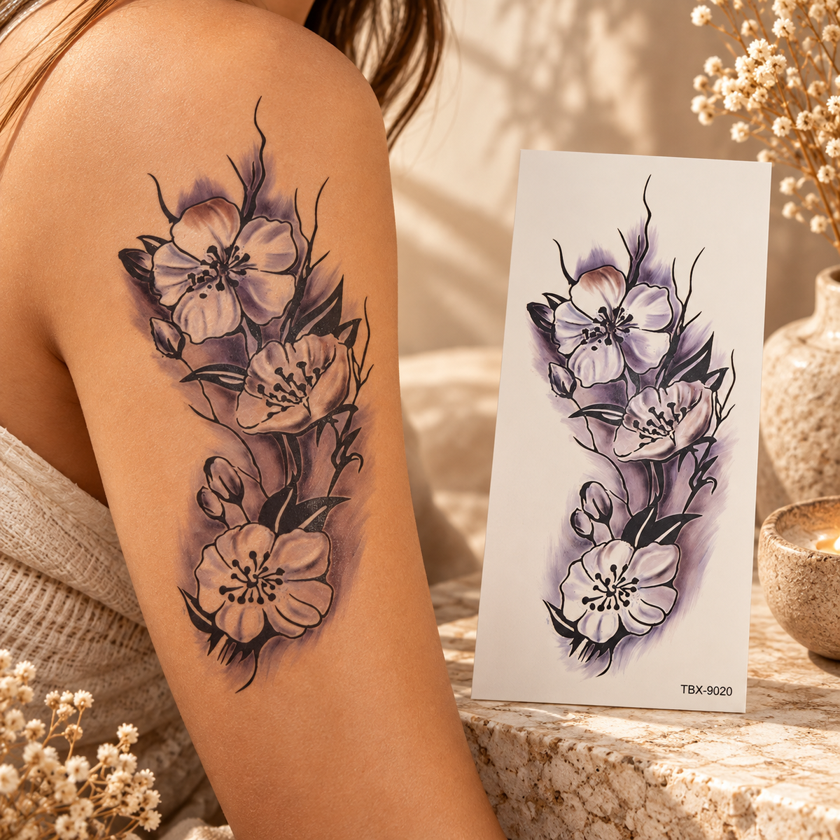 Black and grey floral temporary tattoo with three blossoms and dark foliage shown on an upper arm and sheet