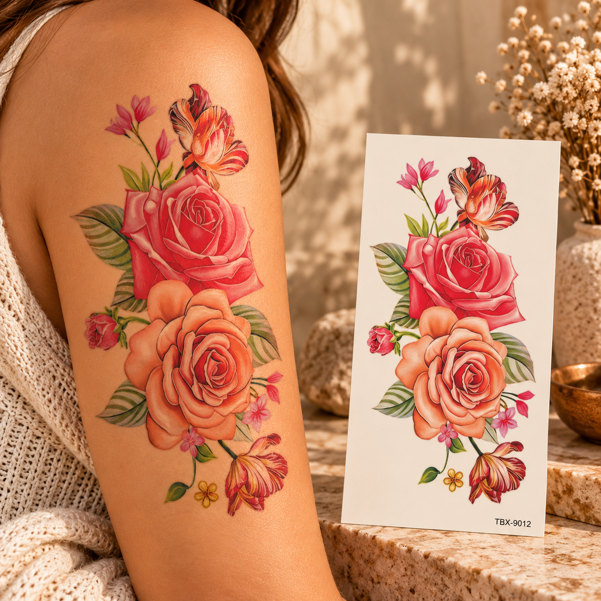 Coral and peach rose floral temporary tattoo with blossoms and green leaves, shown on an arm beside the sheet