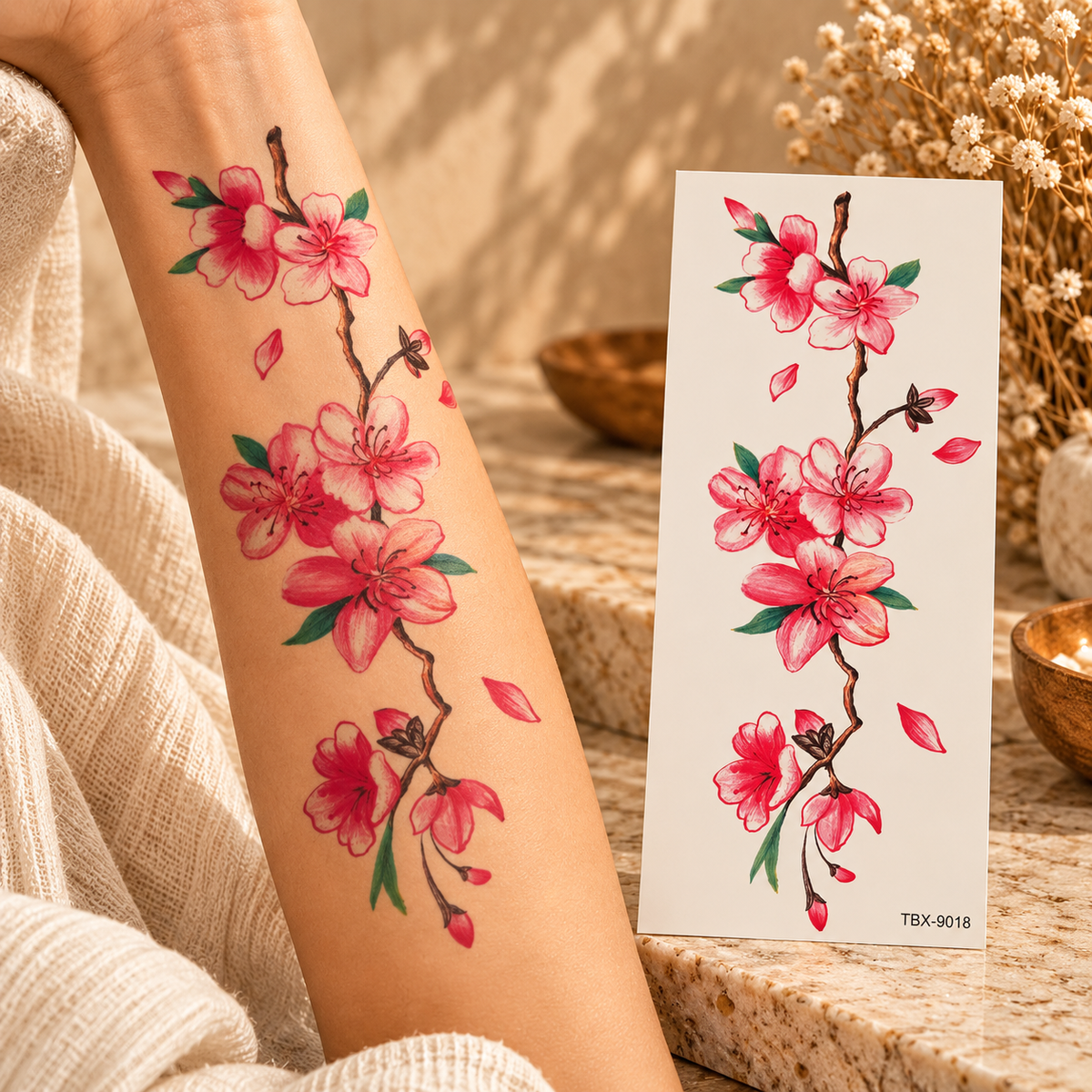 Pink cherry blossoms and green leaves along a delicate vertical branch temporary tattoo shown on an arm and tattoo sheet