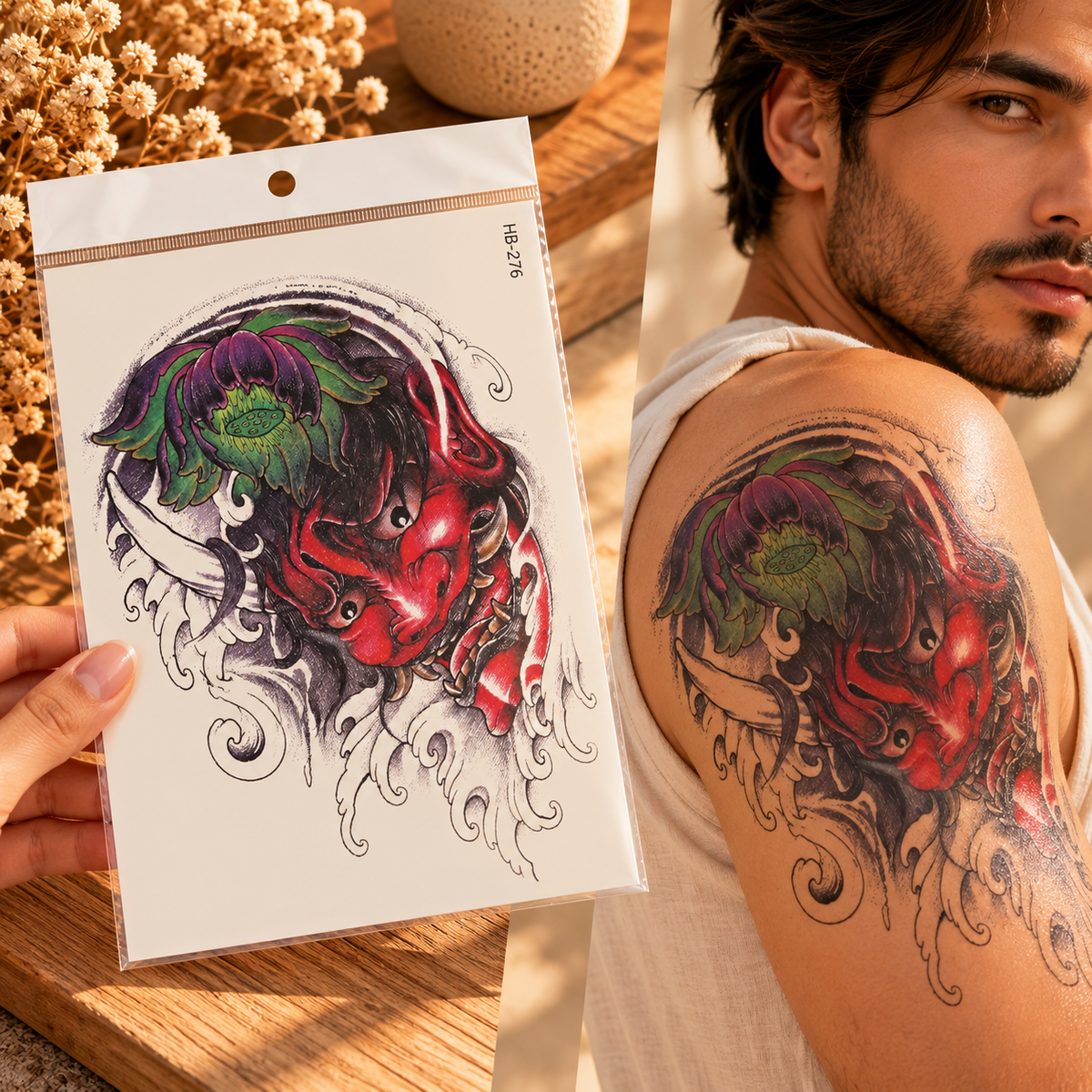 Japanese-style temporary tattoo HB-276 with a red Oni mask, floral details and flowing waves