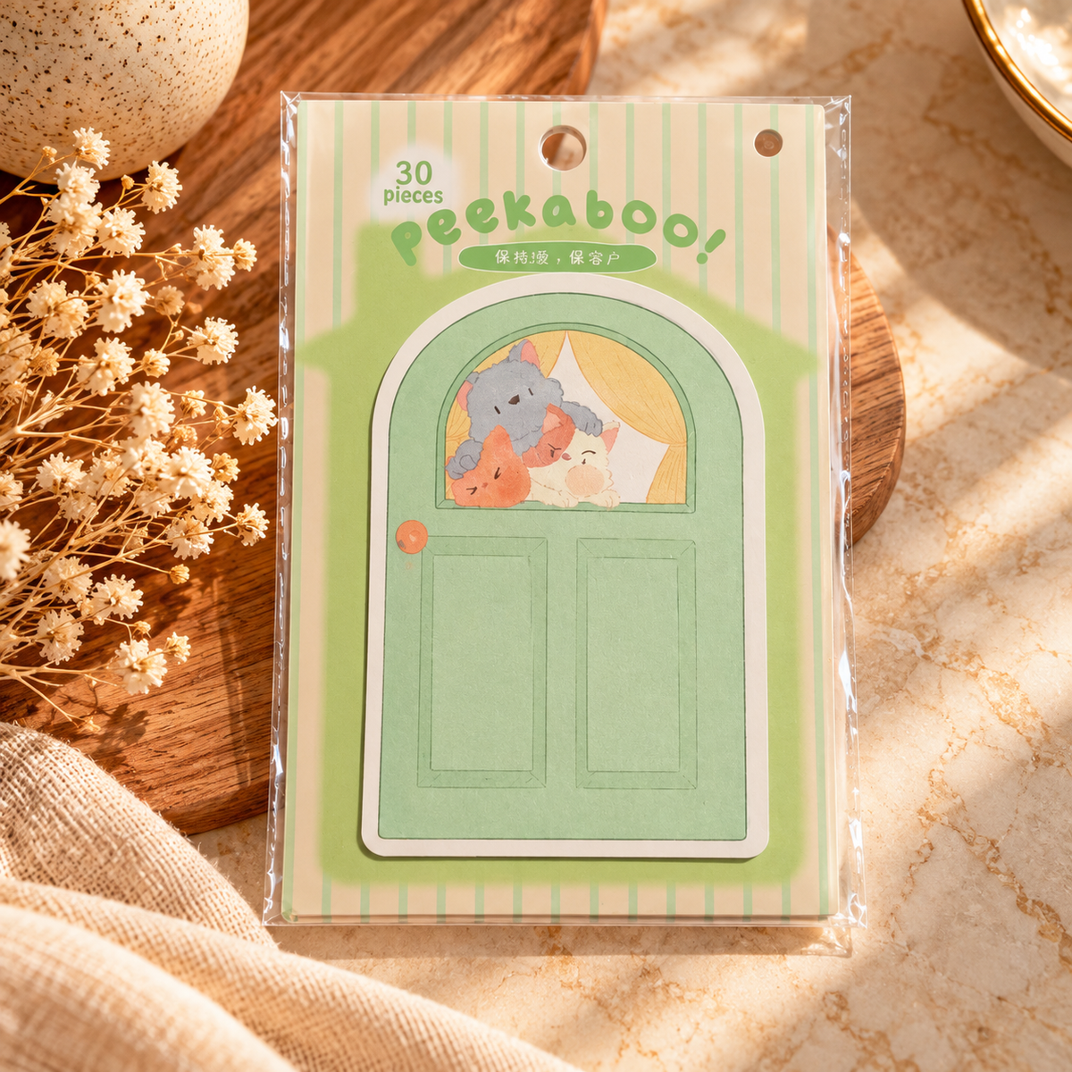 Thirty-piece pastel green Peekaboo Cat sticky note set with a door design