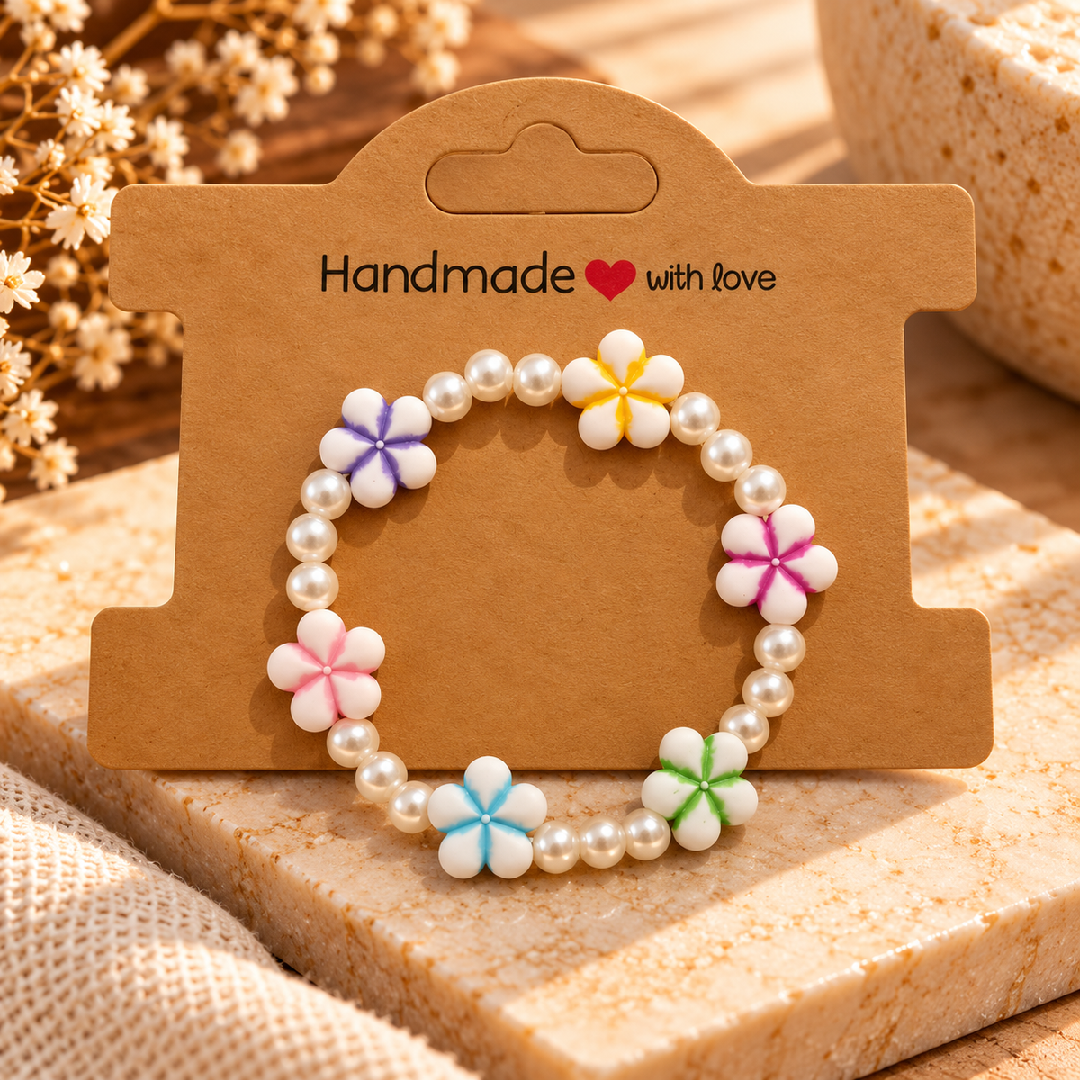 Handmade Kids Pearl & Flower Bracelet – Multicolour