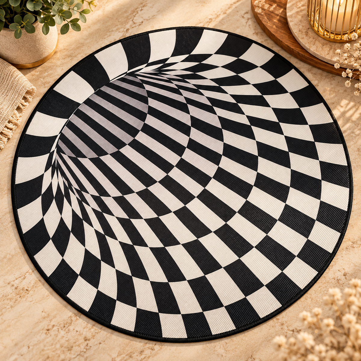 Round Black & White Optical Illusion Swirl Mat