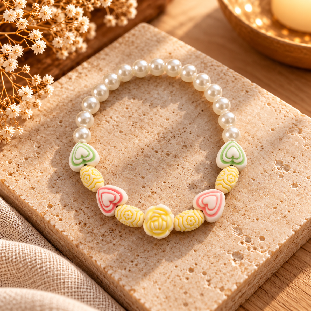 Handmade kids bracelet with white pearl-style beads, pink and green hearts, yellow floral beads and a yellow rose centrepiece.