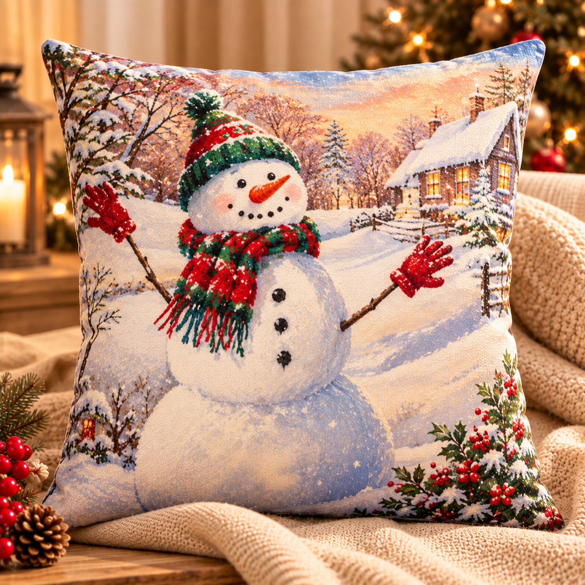 Christmas Snowman Village Cushion Cover – No Inner Included