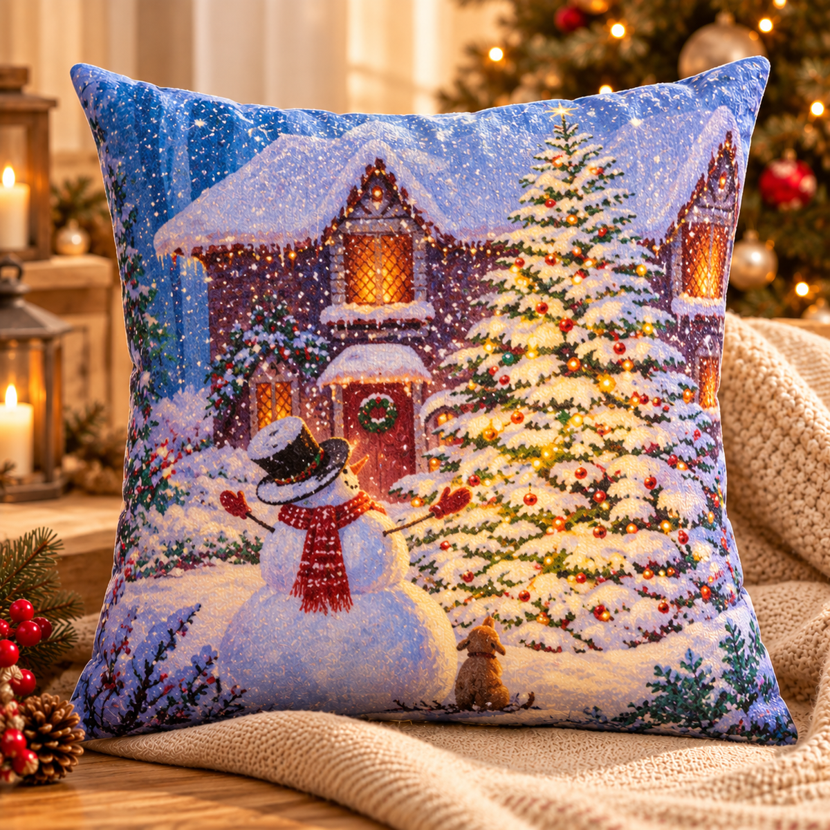 Christmas Snowman & Snowy Cottage Cushion Cover – No Inner Included