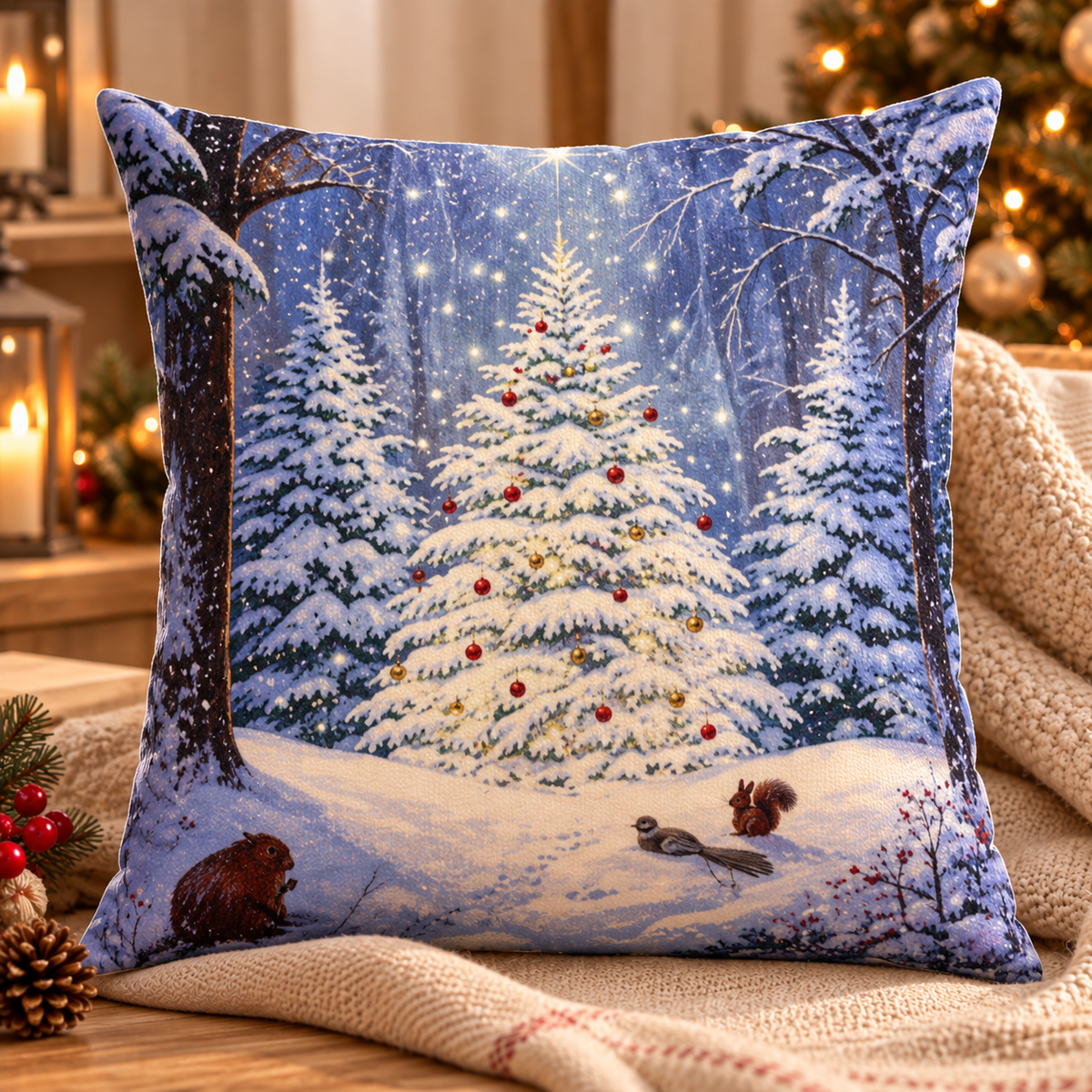 Christmas Snowy Forest & Woodland Animals Cushion Cover – No Inner Included