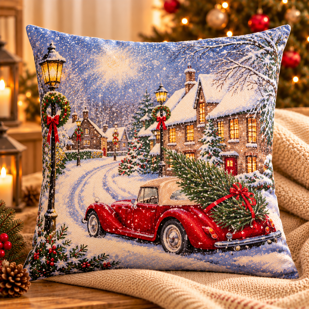 Snowy Village Christmas Roadster Cushion Cover – No Inner Included