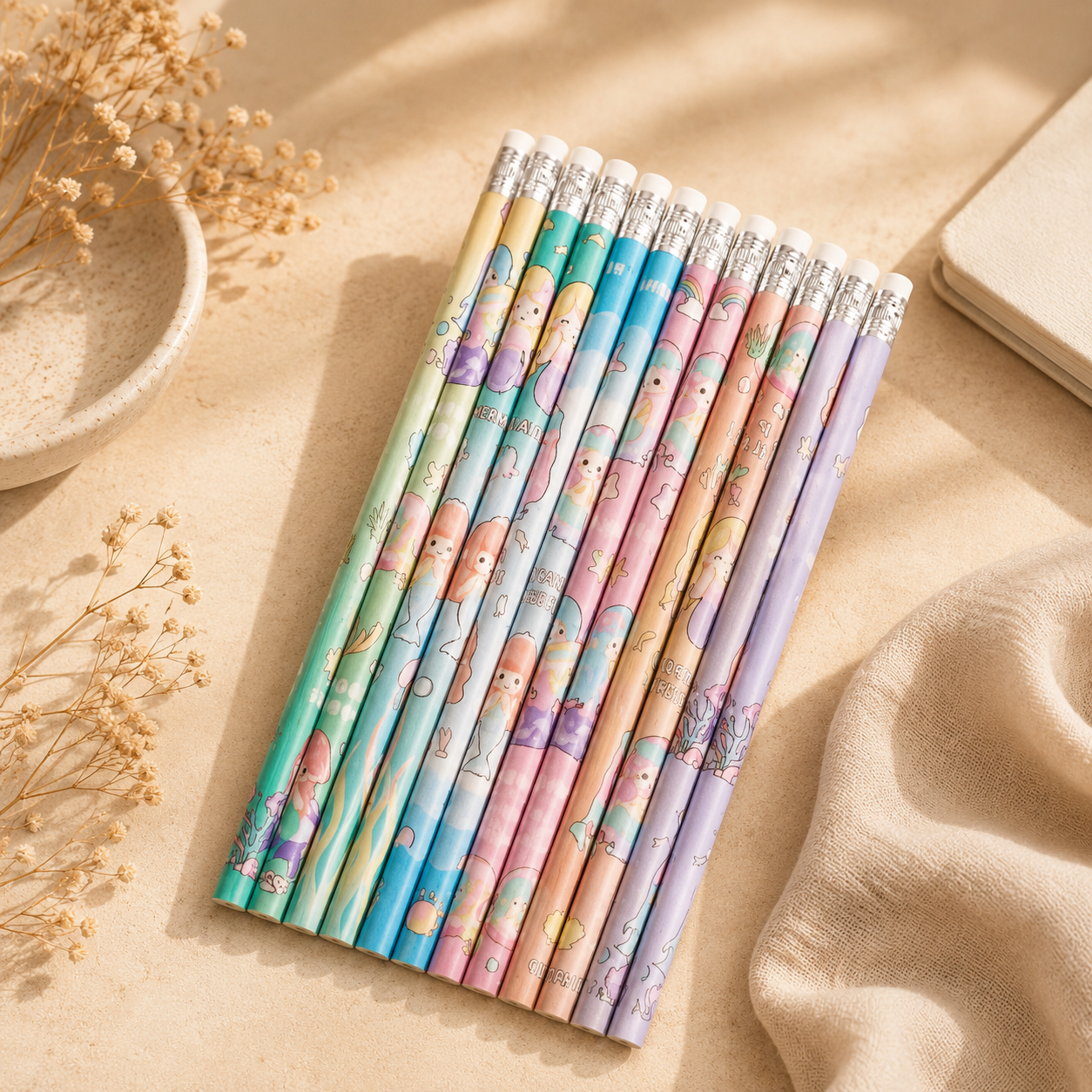 Pastel Mermaid Cartoon Pencil Set