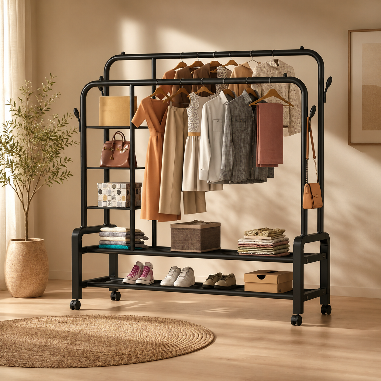 Heavy Duty Rolling Garment Rack with Shelves