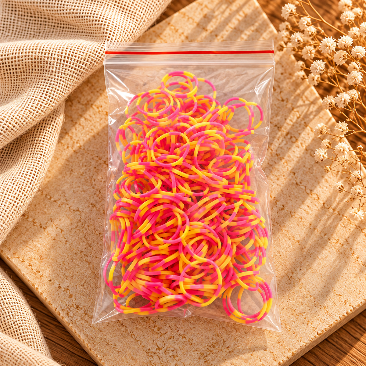 Neon Pink & Yellow Two-Tone Elastic Hair Bands – Bulk Pack