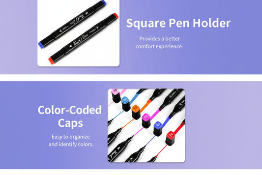 Square pen holder with color-coded caps on a purple background