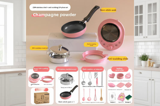Set of pink cookware with features highlighted on a beige background