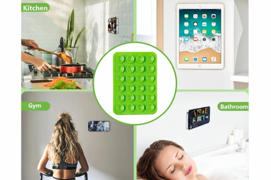 Collage of a green pop-it toy in various settings including kitchen, office, gym, and bathroom.