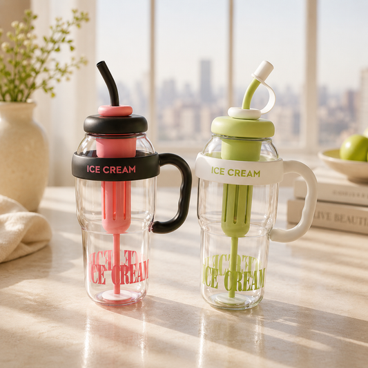 Ice Cream Water Bottle With Straw Handle – 1300ml Large Capacity Tumbler