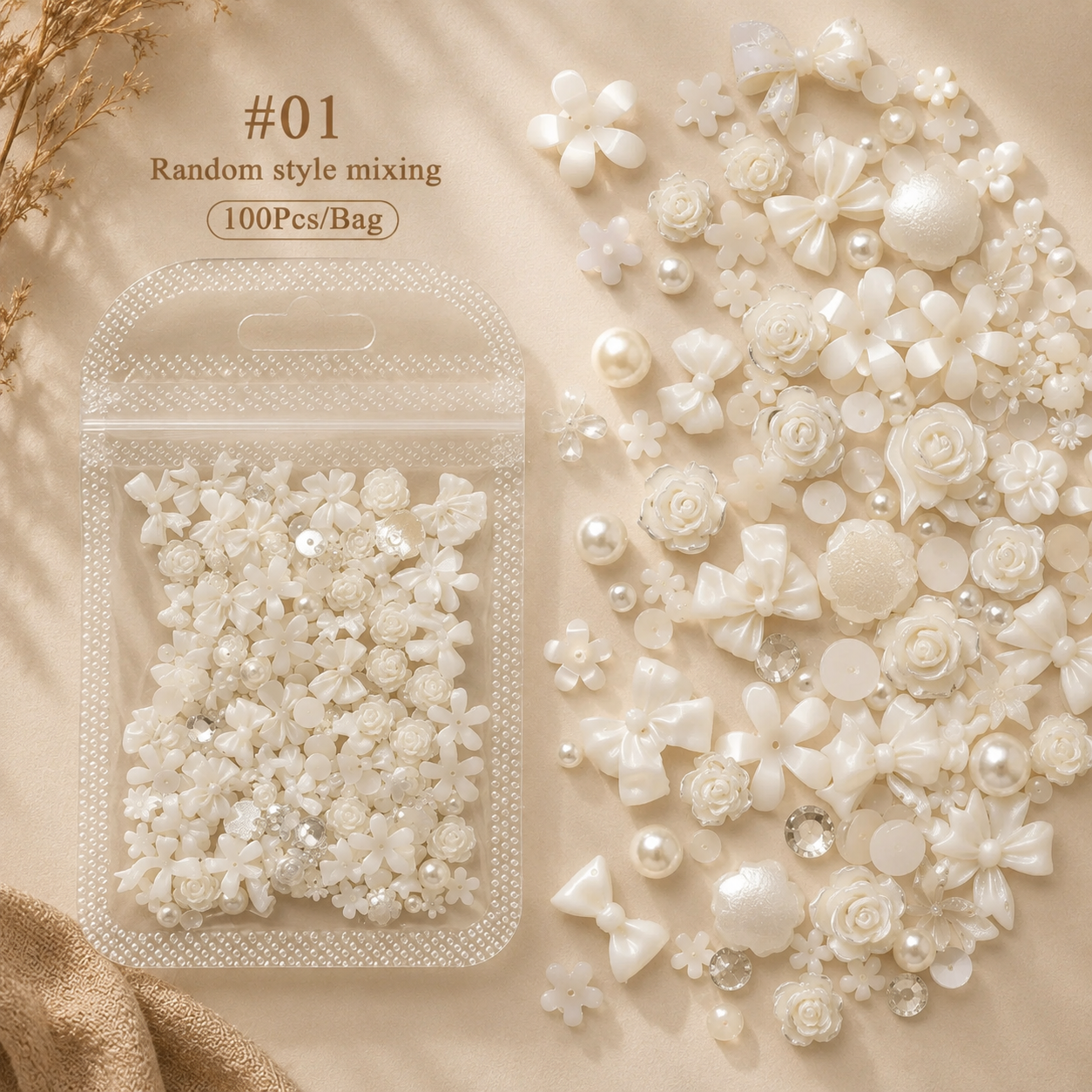 100PCS Pearl & Floral Nail Art Charms Set