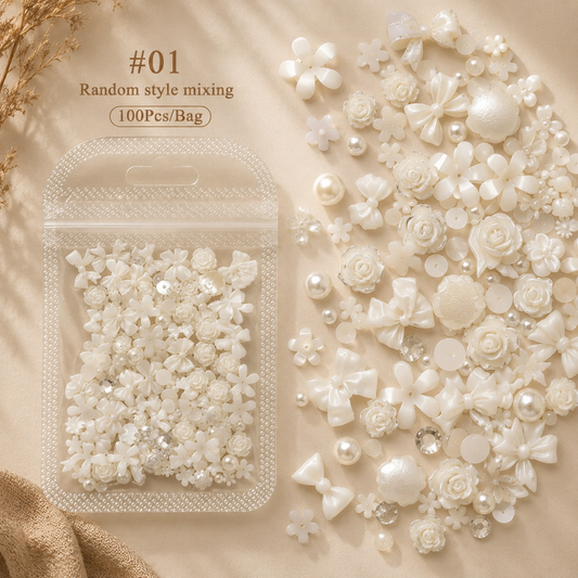 100PCS Pearl & Floral Nail Art Charms Set