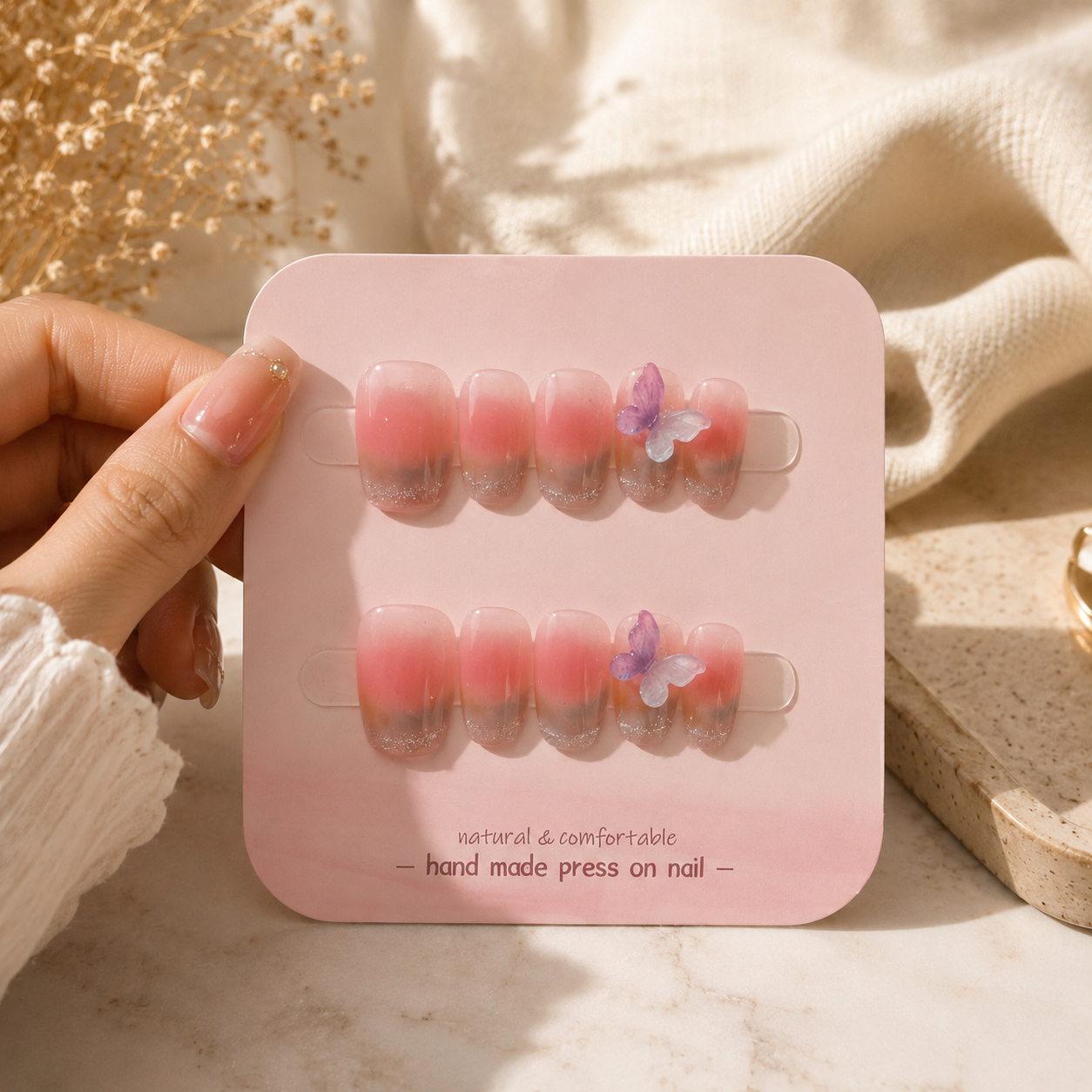 Pink Butterfly Ombre Press-On Nails Small