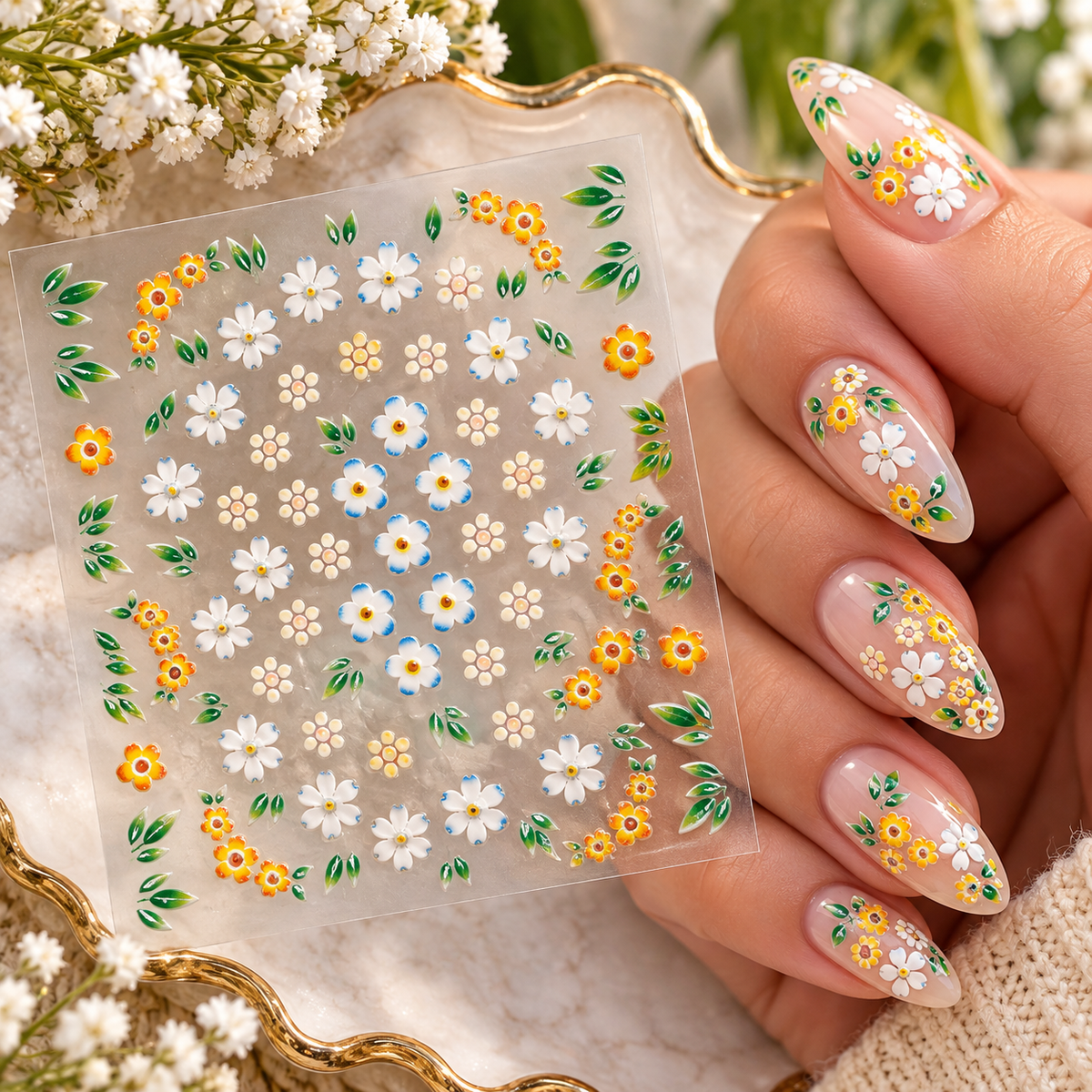 3D Nail Art Stickers – Blue, White & Orange Floral Designs