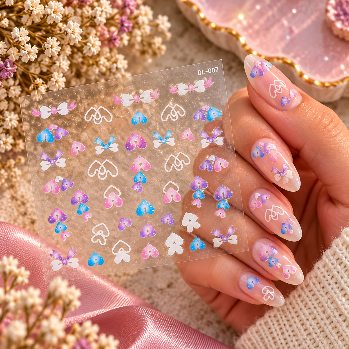 3D Nail Art Stickers – Pink, Blue & Purple Hearts