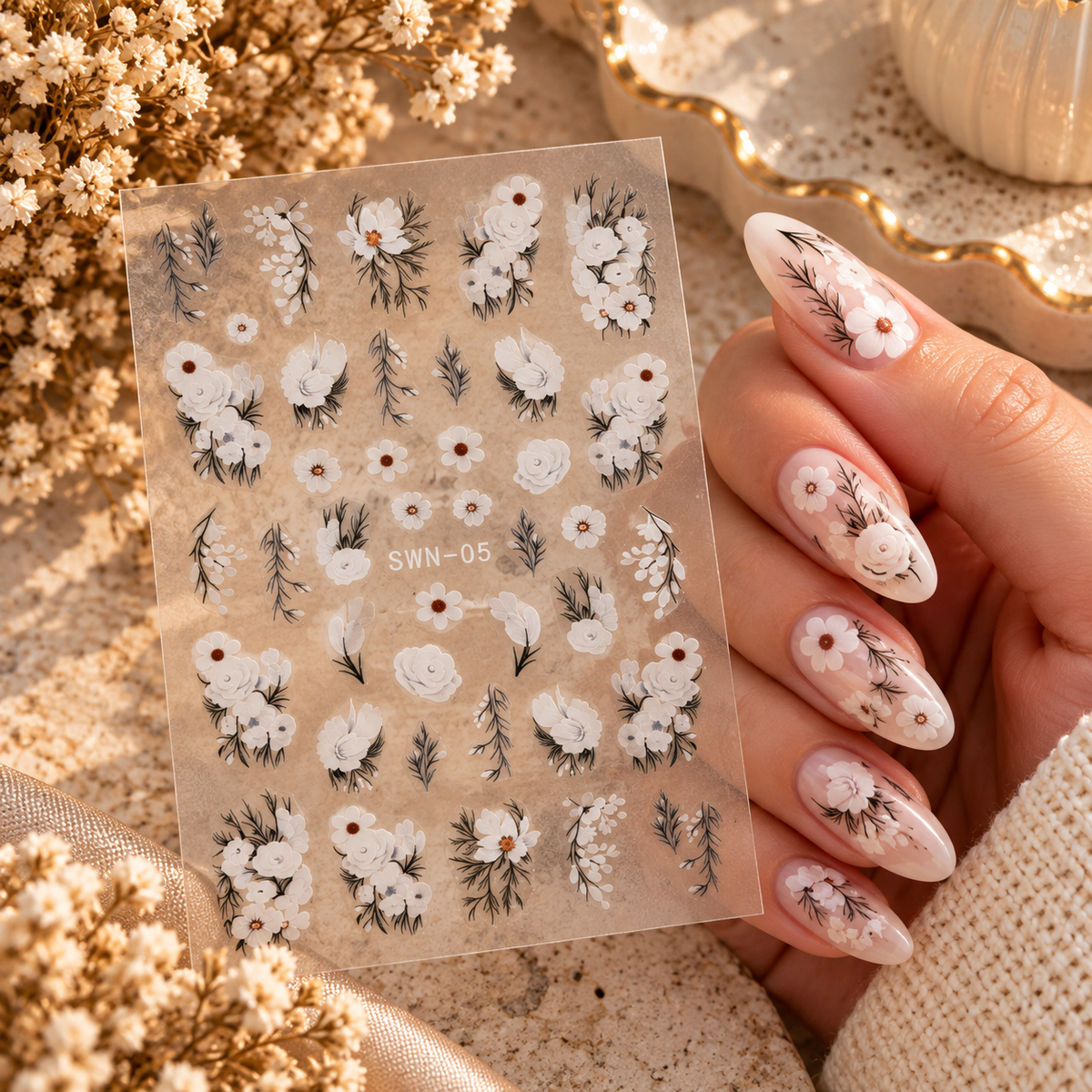 3D Nail Art Stickers – White Floral & Black Foliage Designs