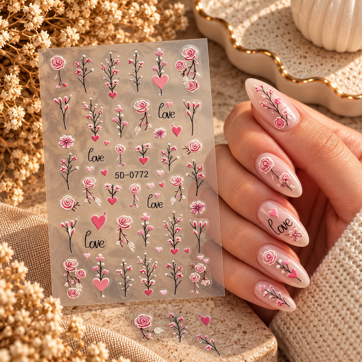 3D Nail Art Stickers – Pink Roses, Hearts & Love Designs