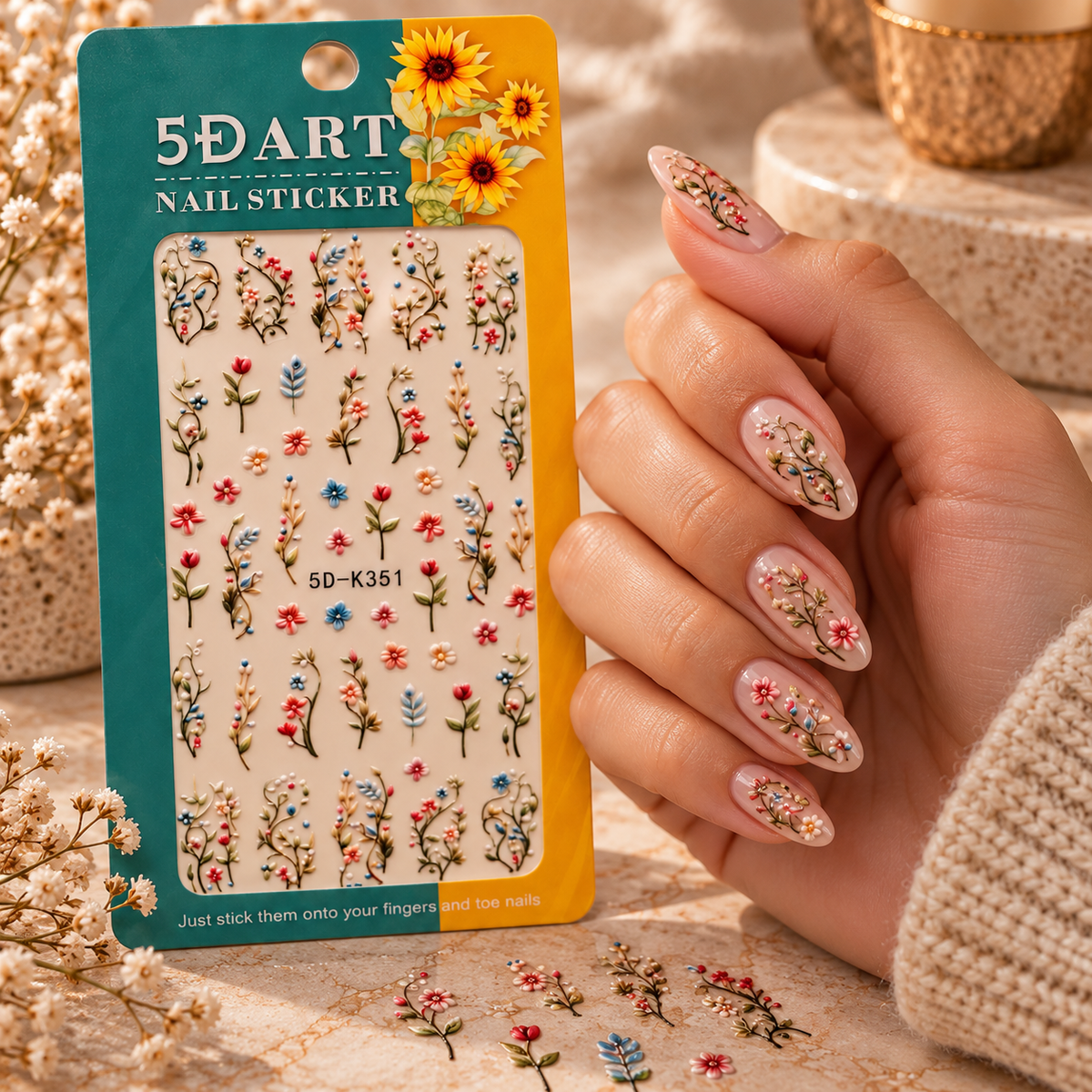 5D Floral Nail Stickers – 5D-K351