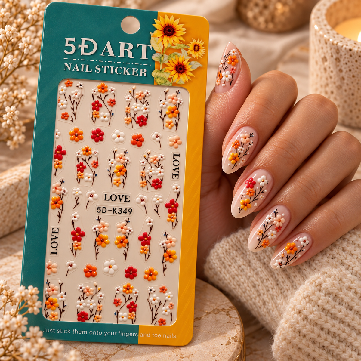5D Floral Nail Stickers – Orange & Red Flowers (K349)