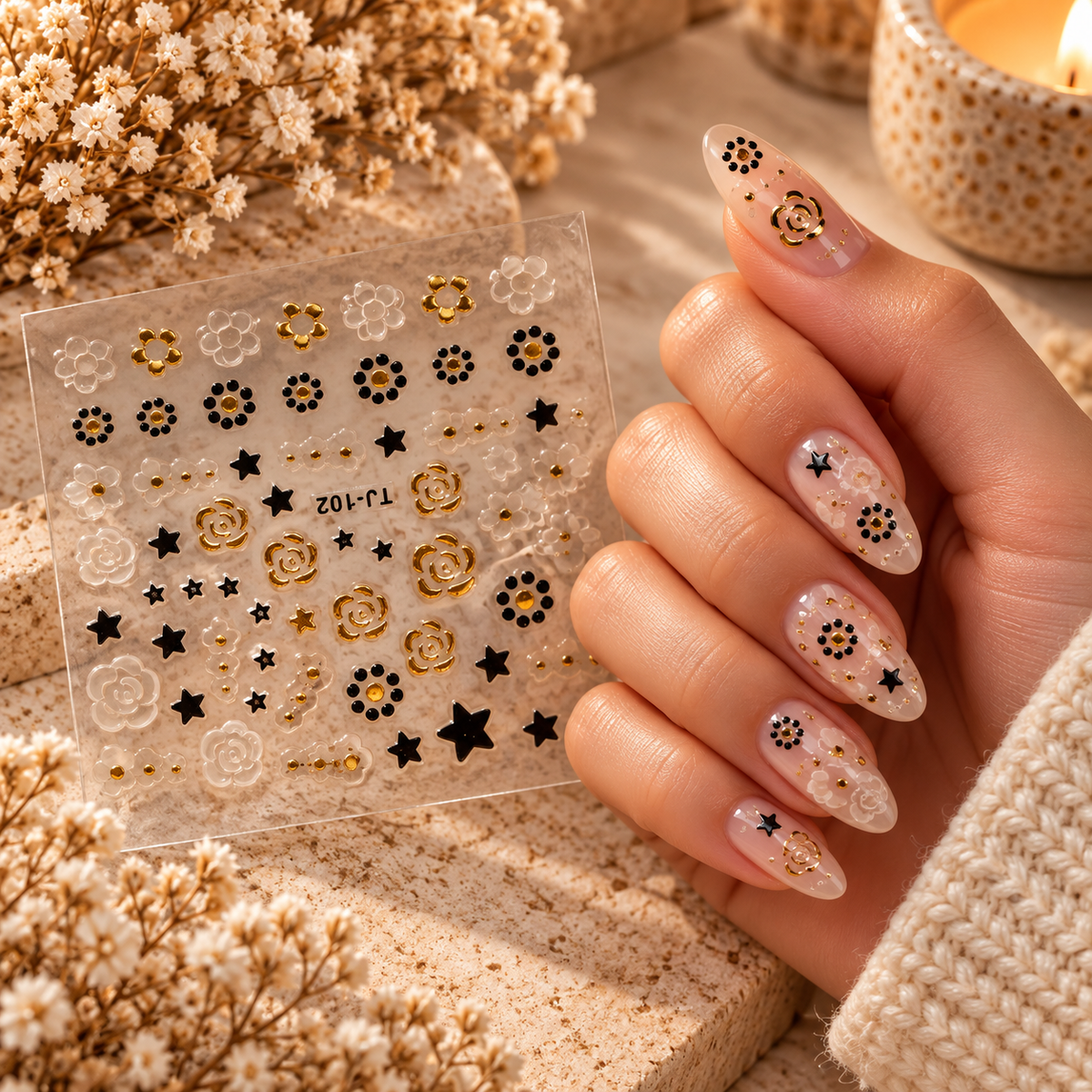 3D Nail Art Stickers – Black & Gold Glam