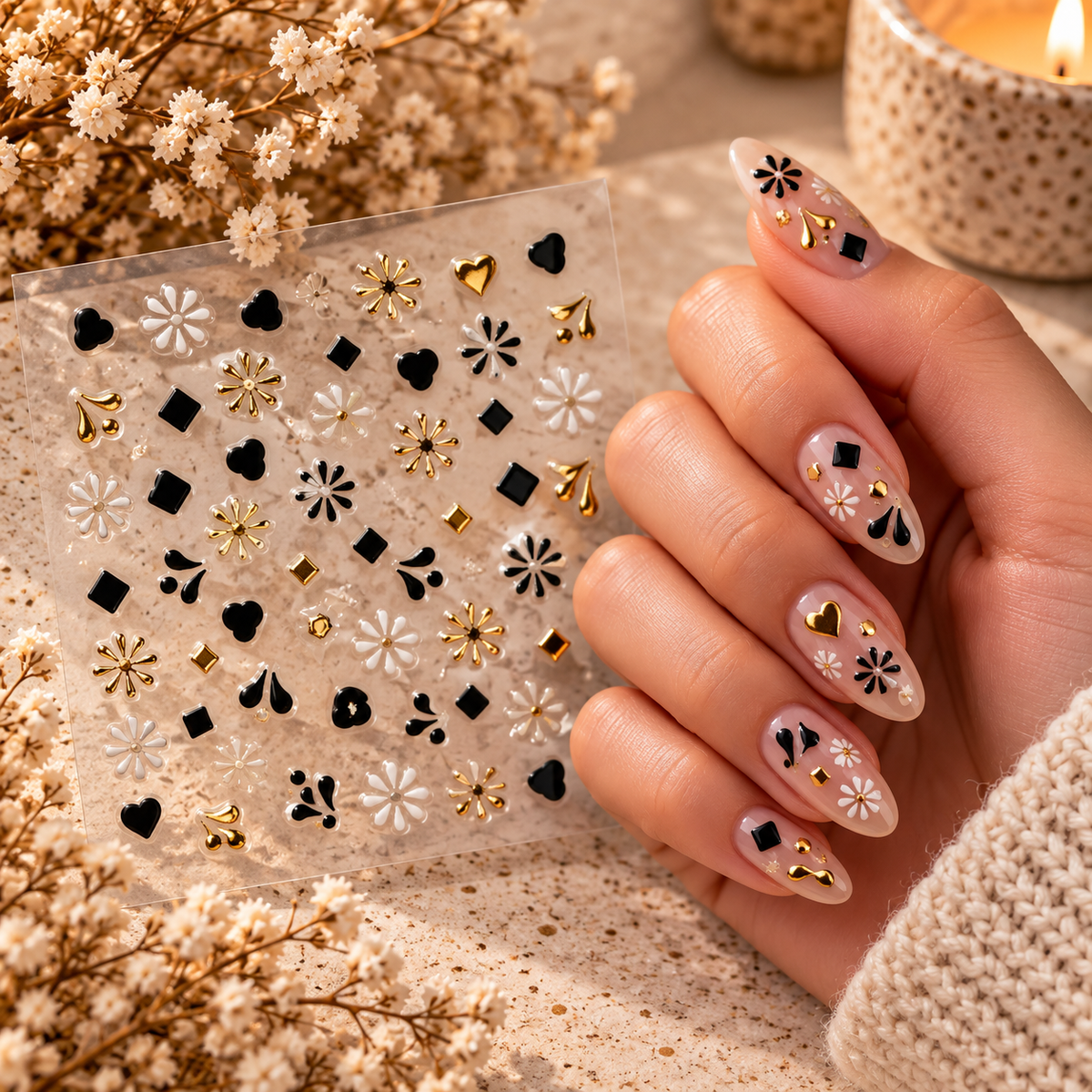 3D Nail Art Stickers – Black, White & Gold