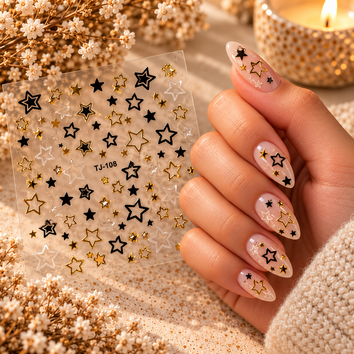 3D Nail Art Stickers – Black, Gold & White Stars