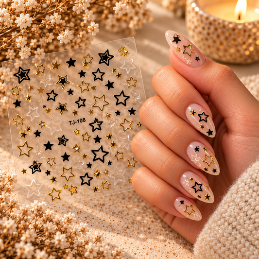 3D Nail Art Stickers – Black, Gold & White Stars