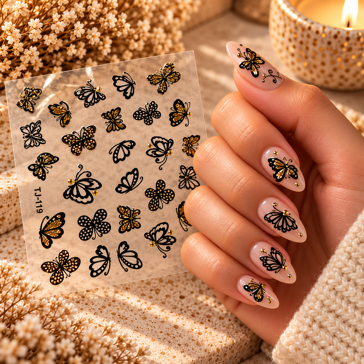 3D Nail Art Stickers – Black & Gold Butterflies