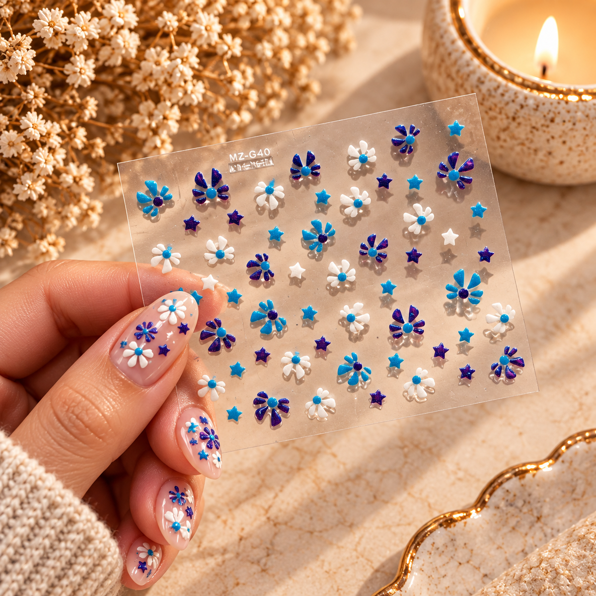 3D Nail Art Stickers – Blue, White & Purple Flowers
